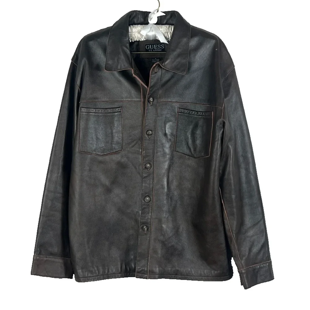 Vtg Guess Classic Leather Jacket Men's Size M Dark Brown